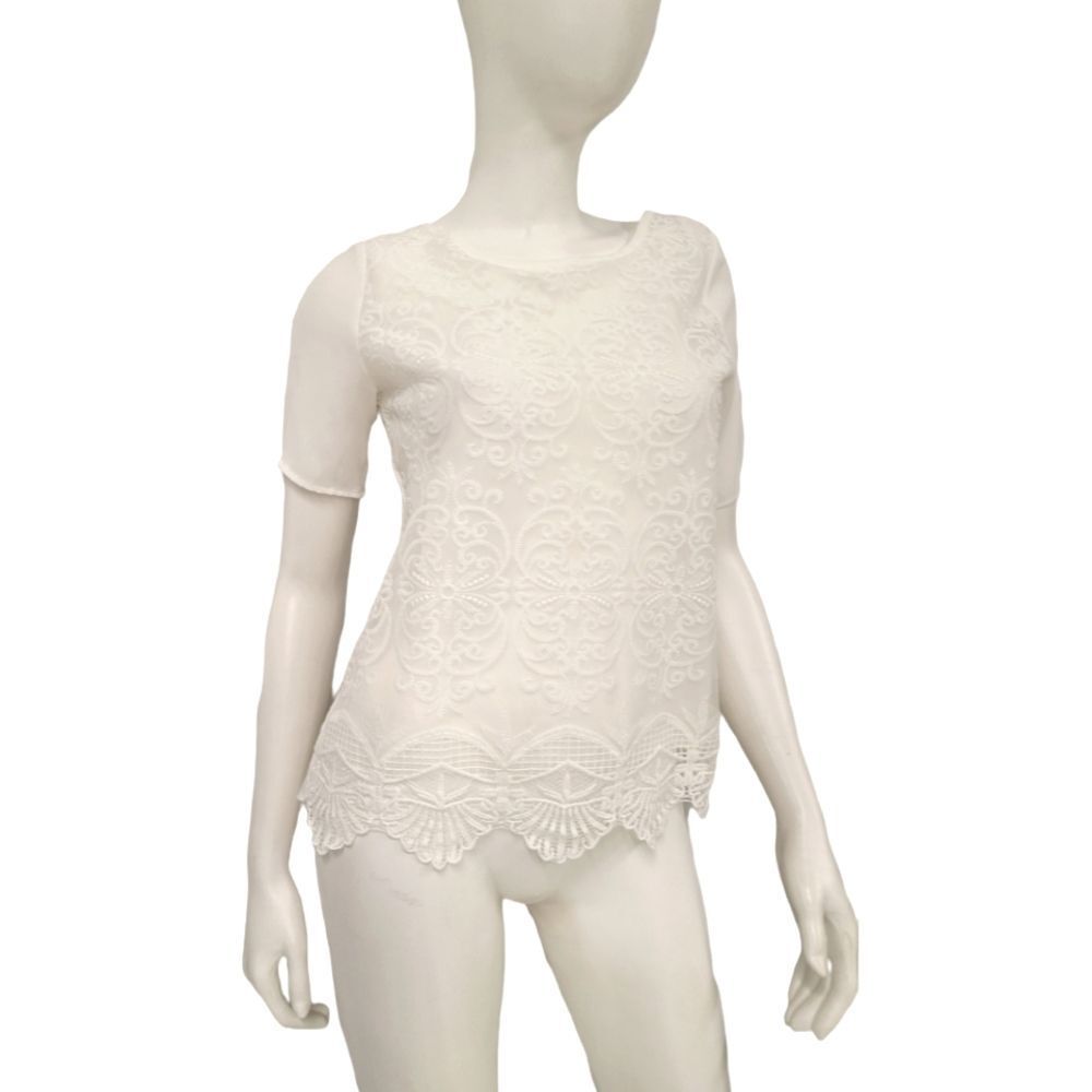 Yoyo 5 White Lace Frony Blouse size Small Short Sleeve - Picture 3 of 8